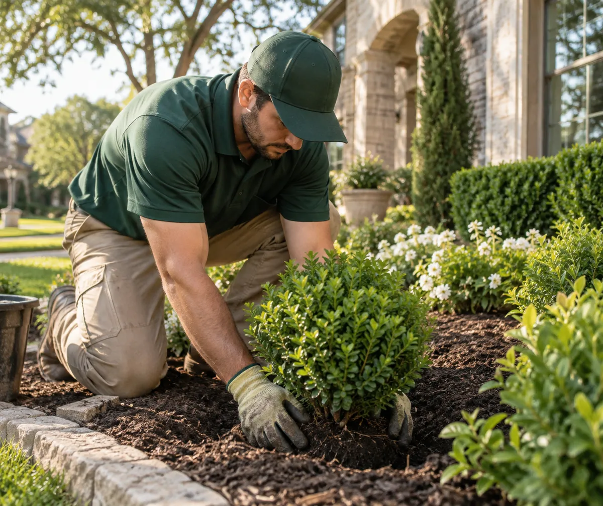 Designed planting of grasses, perennials and boxwood around a curved lawn edge