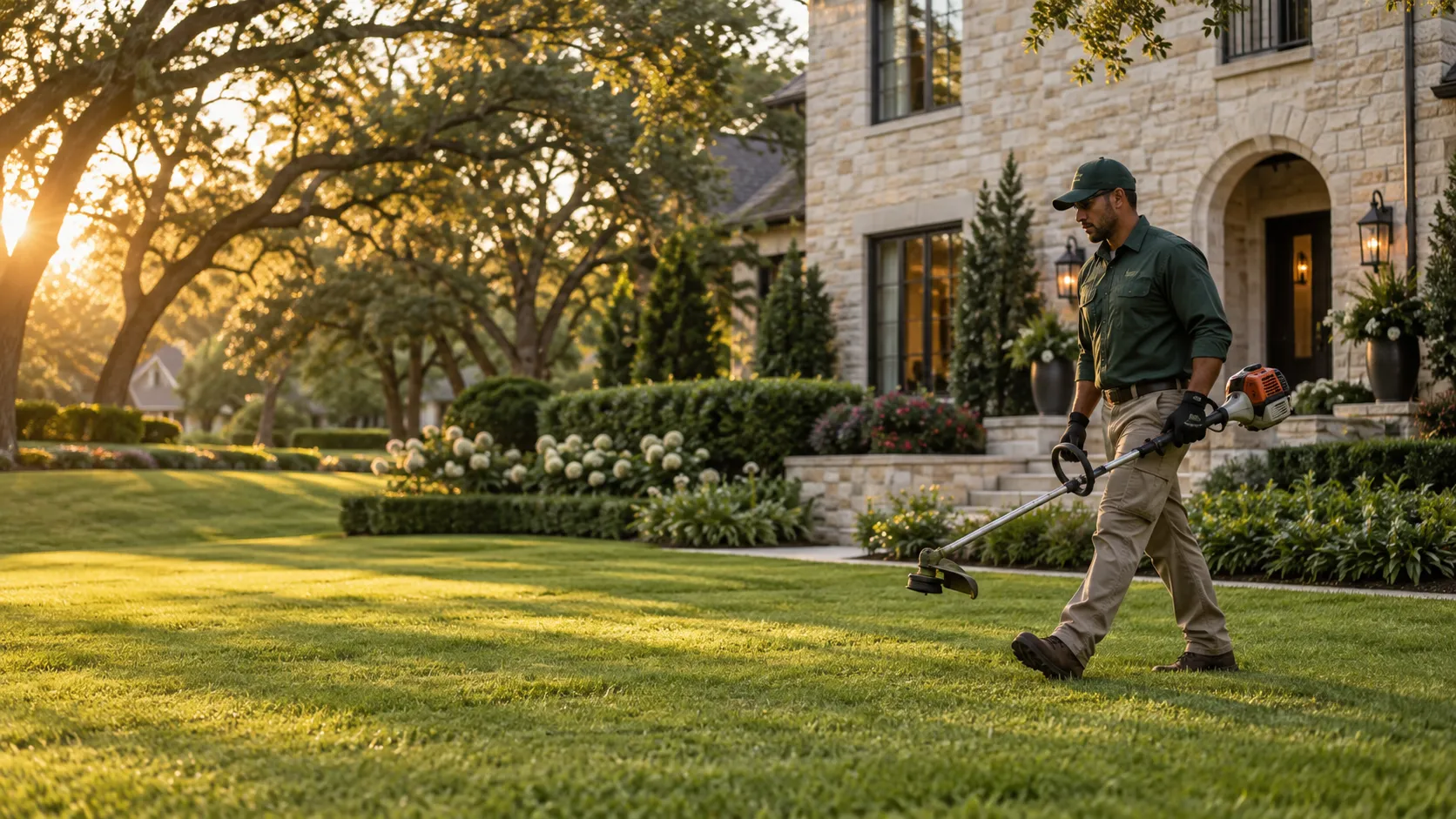 Landscaper setting new plants into a mulched bed in front of a Dallas home on a sunny morning