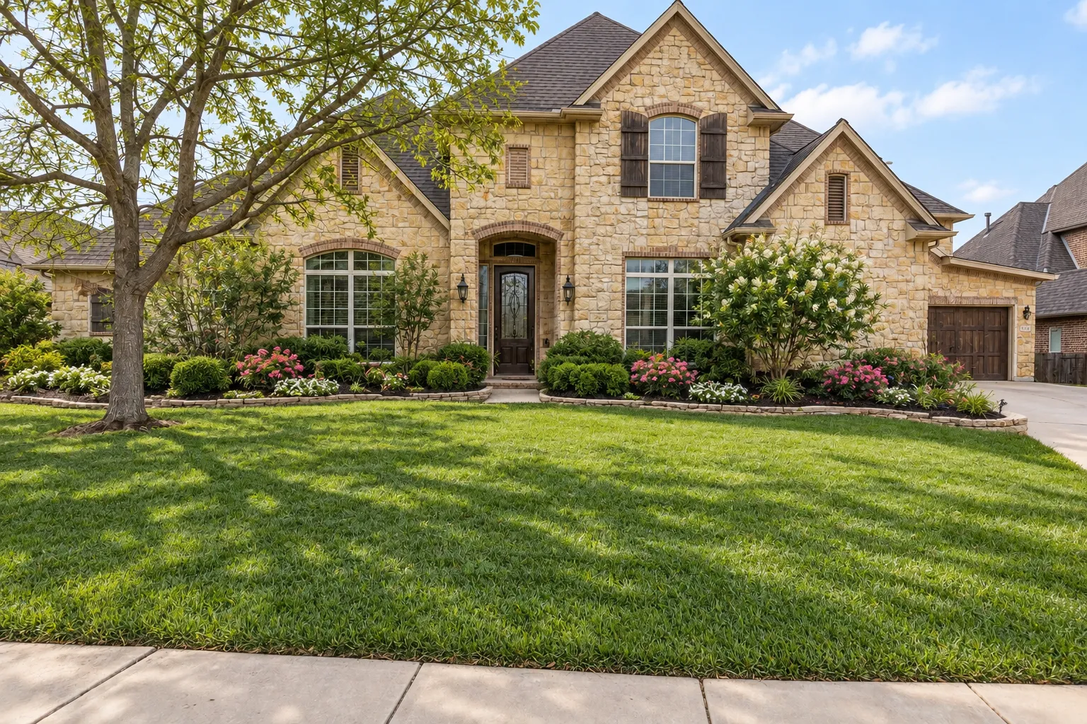 Same front yard after the makeover with new beds, lawn and a stone walk