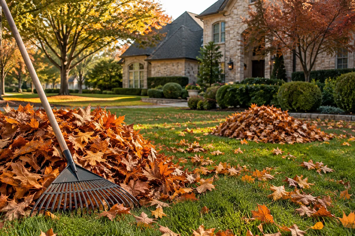 Fall yard with raked leaves and turning trees