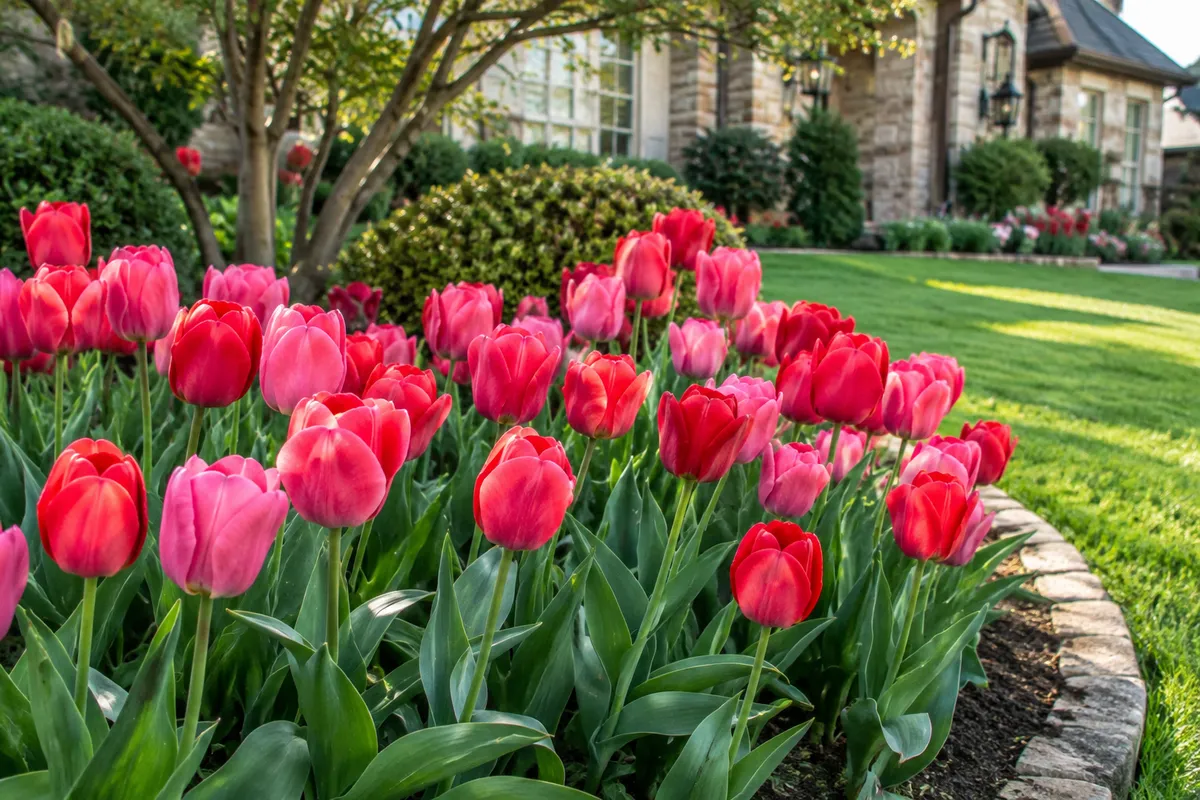 Spring garden in bloom beside a freshly edged lawn