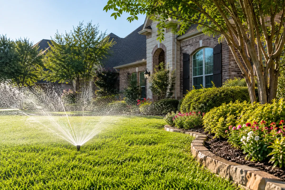 Green summer lawn and beds holding up in Texas heat