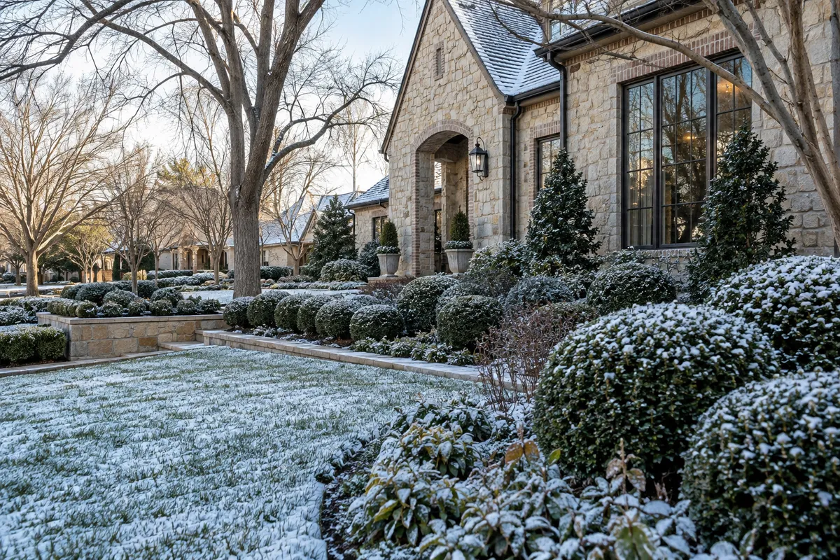 Tidy winter yard with dormant grass and mulched beds