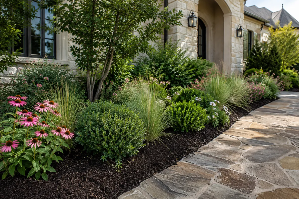 New perennial garden bed with fresh mulch and steel edging