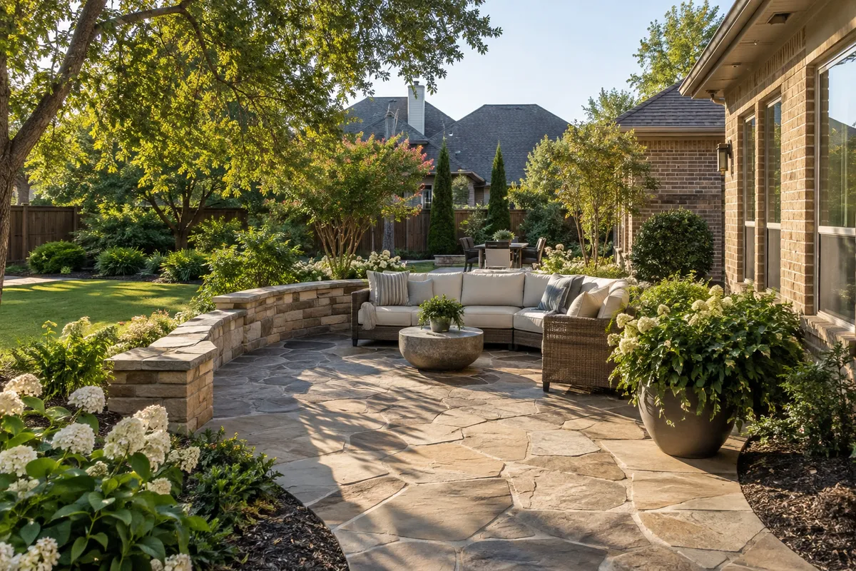 Stone patio and seat wall surrounded by planted beds