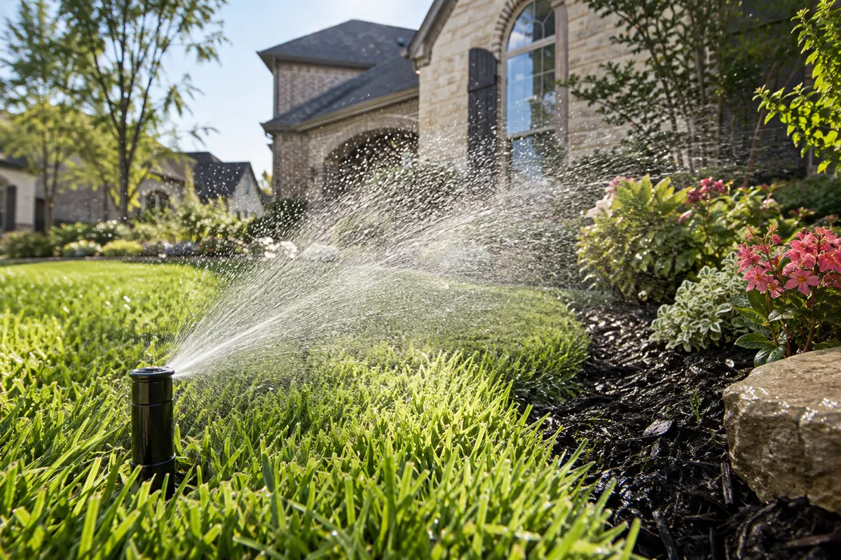 Sprinkler head spraying an even arc of water over grass