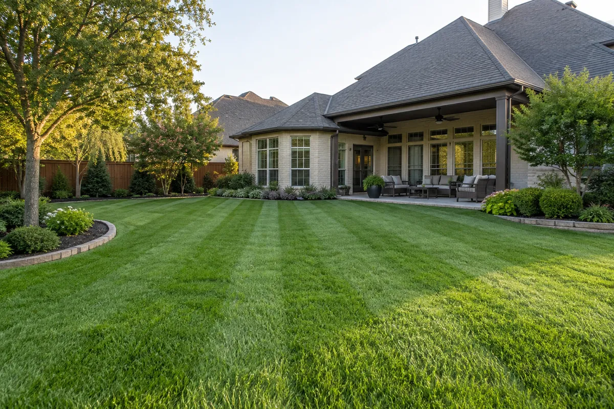 Healthy striped lawn leading up to a brick home in North Texas