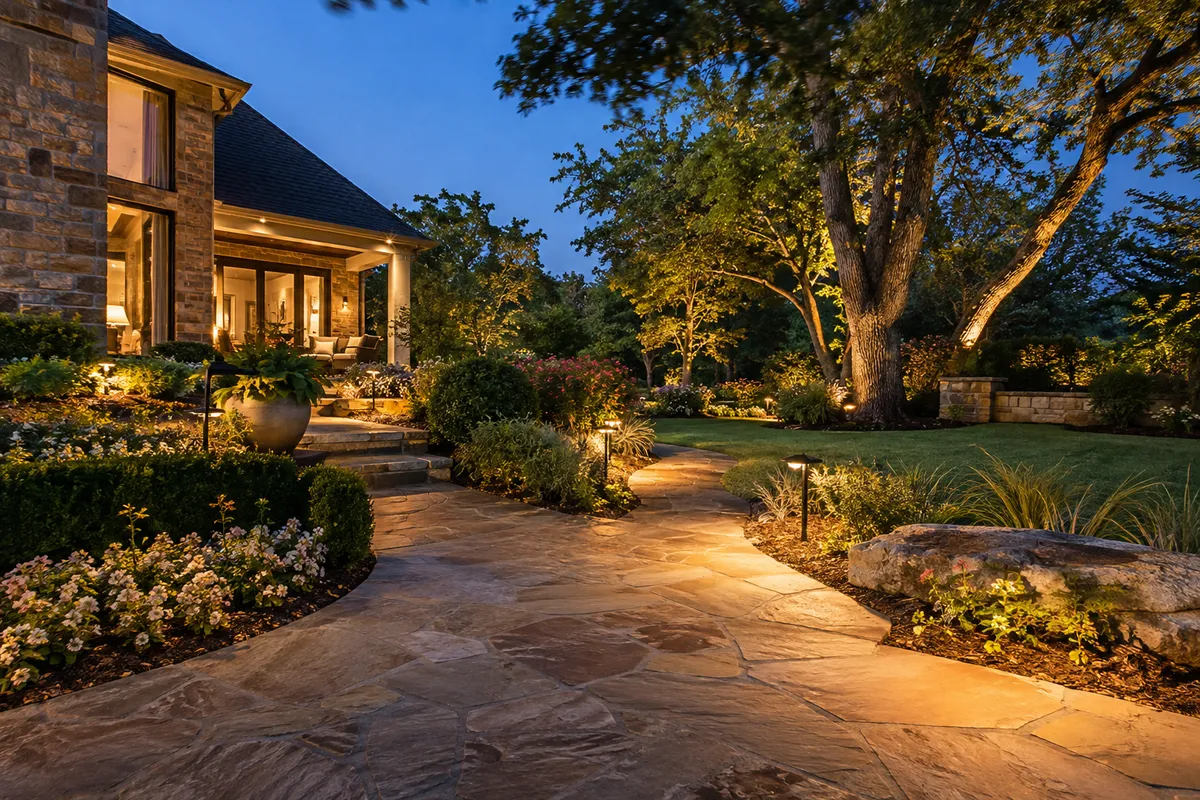 Path lights glowing along a front walkway in the evening