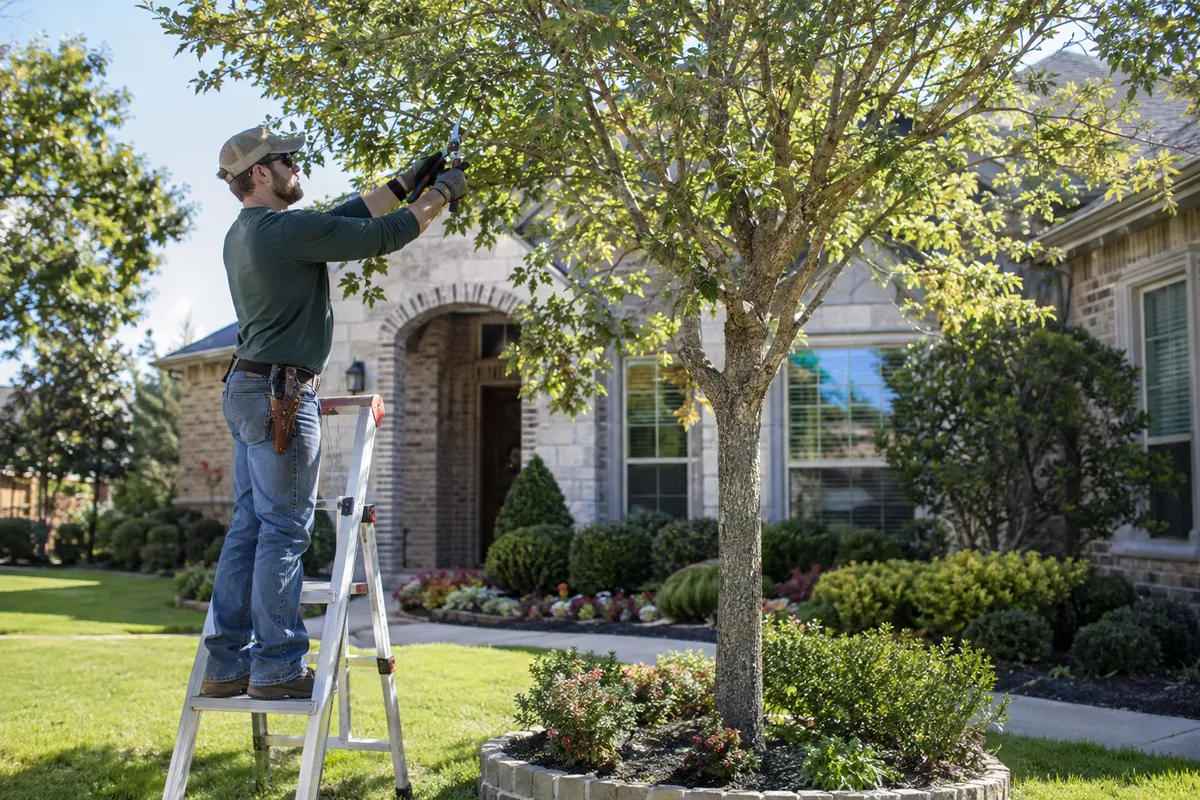 Crew pruning a large live oak above a residential street