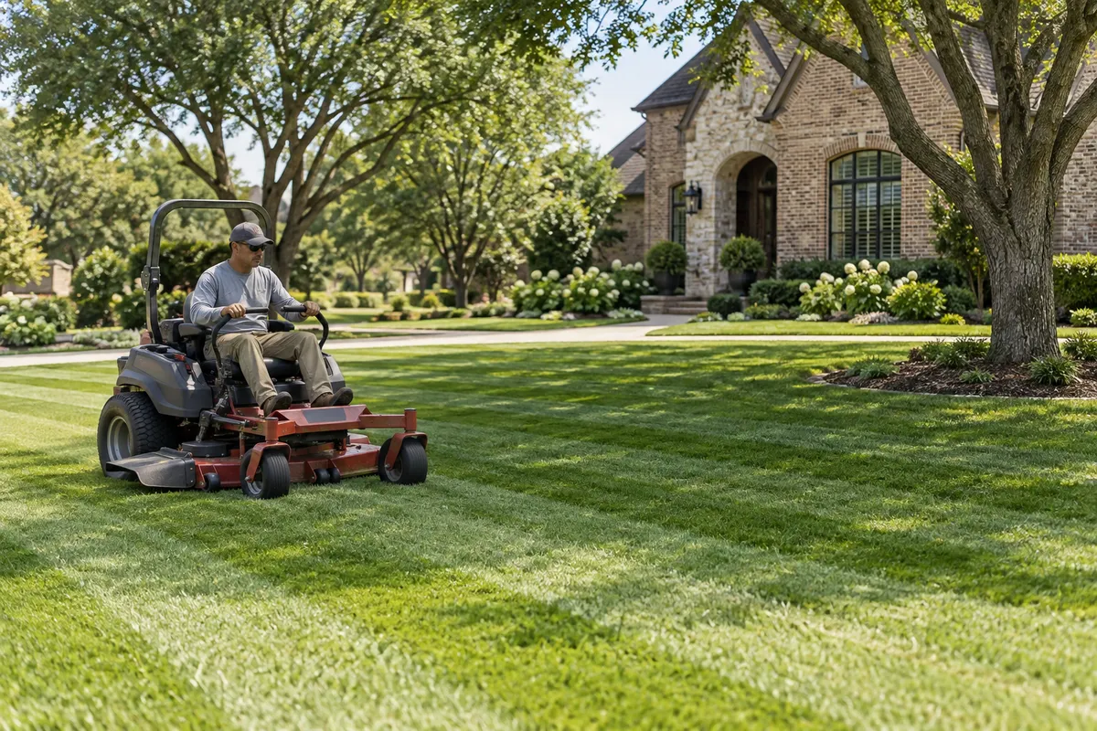 Northridge Landscaping crew mowing and edging a Dallas area lawn