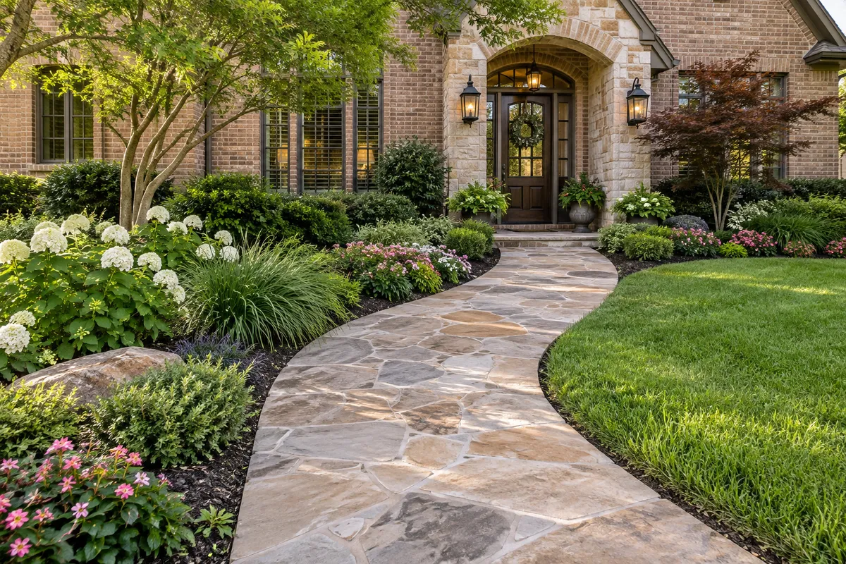 Crew laying a flagstone walkway to a front door